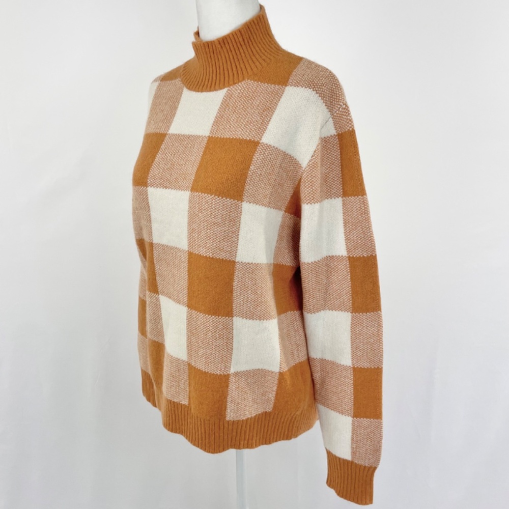 New Callahan Gingham Plaid Knit Mock Neck Sweater Orange Ivory Size Medium - Picture 6 of 13